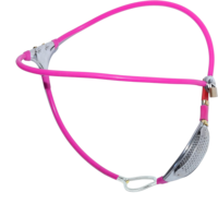 Pink chastity cage with metal clips on a white background