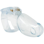 Clear resin chastity cage front view with base ring and lock