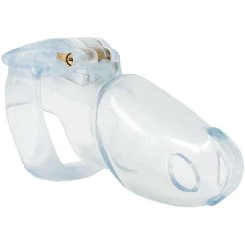 Clear resin chastity cage front view with base ring and lock