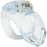 Clear chastity cage angled view showing compact tube and transparent finish
