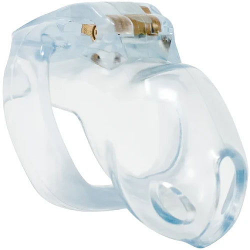 Clear chastity cage angled view showing compact tube and transparent finish