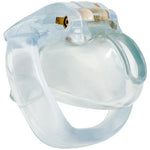 Clear resin chastity cage side profile showing low-profile silhouette