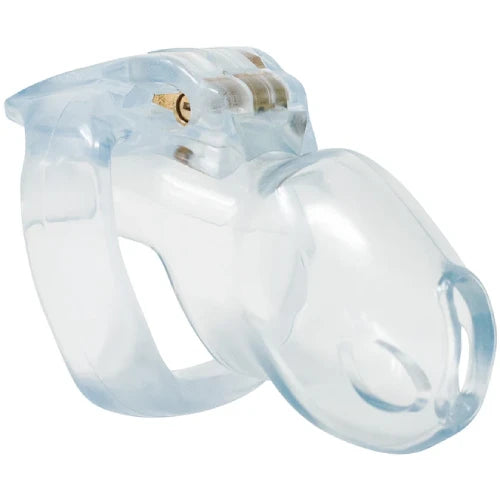 Clear chastity cage rear view showing hinge area and locking point
