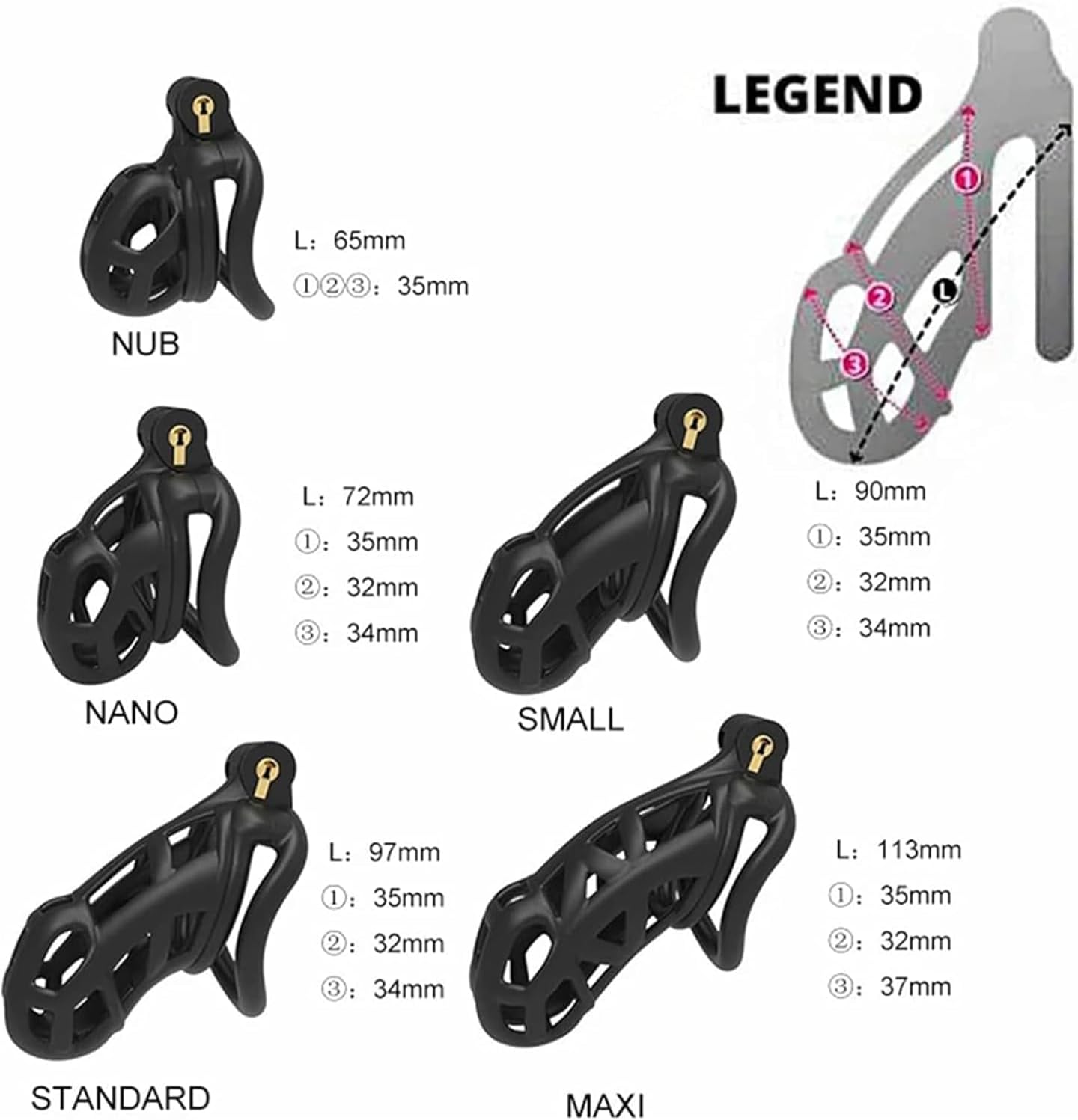 Set of black mechanical components of chastity cage with measurements and labels on a white background