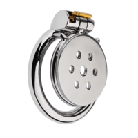 Flat metal chastity cage chrome ring with circular design on a white background