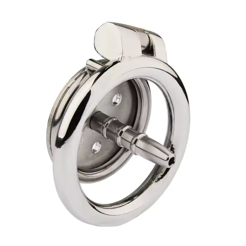 Chrome flat chastity cage backside on a white background
