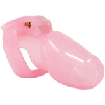 Pink chastity cage rear view showing hinge area and locking point