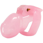 Pink resin chastity cage front view with base ring and lock