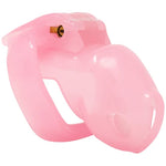 Pink resin chastity cage side profile showing low-profile silhouette