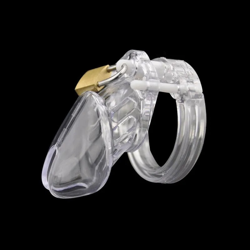 Clear plastic chastity cage on a black background