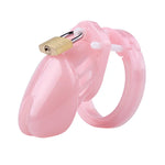 Pink chastity device with a gold lock on a white background