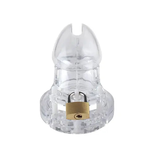 Clear plastic chastity cage with a gold lock mechanism on a white background