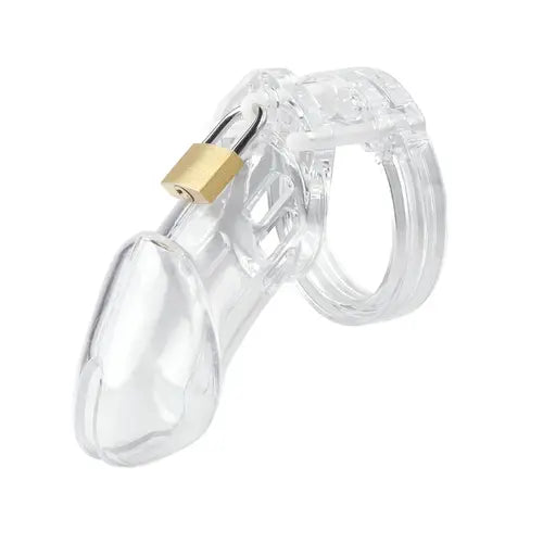 Clear plastic chastity cage device with a gold lock on a white background