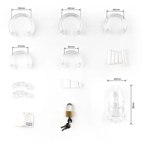 Measurement chart of various small components and a clear chastity cage on a white background