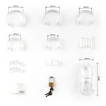 Measurement chart of various small components and a clear chastity cage on a white background