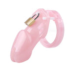Pink chastity device with a gold lock on a white background