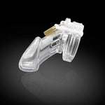 Clear plastic chastity cage on a black background