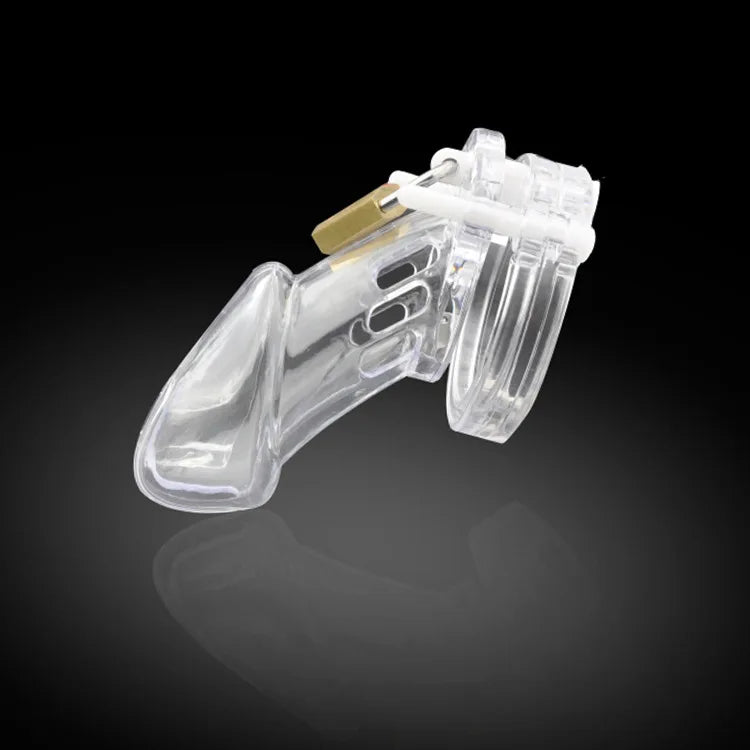Clear plastic chastity cage on a black background