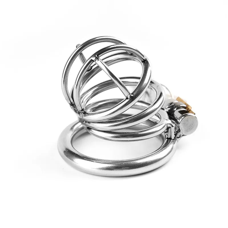 Metal chastity cage with wire frame design, secure lock, and ring