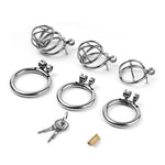 Metal chastity cage complete kit with multiple rings, lock, and keys