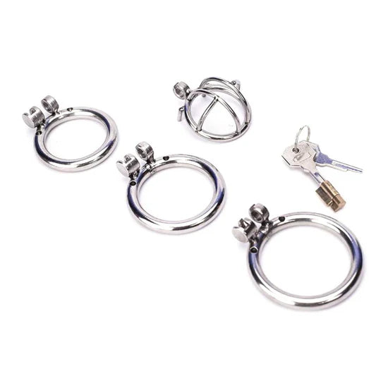 Metal chastity cage with multiple rings, secure lock, and keys