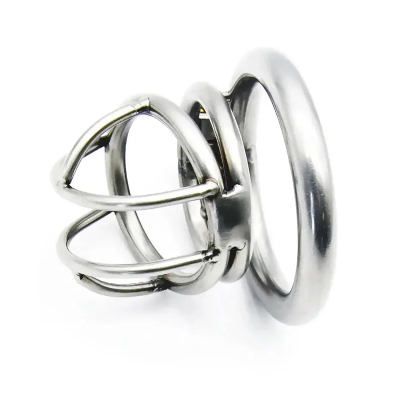 Side view of metal chastity cage with smooth ring and secure design