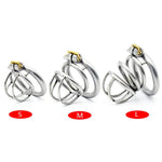 Three metal chastity cages in small, medium, and large sizes with secure locks