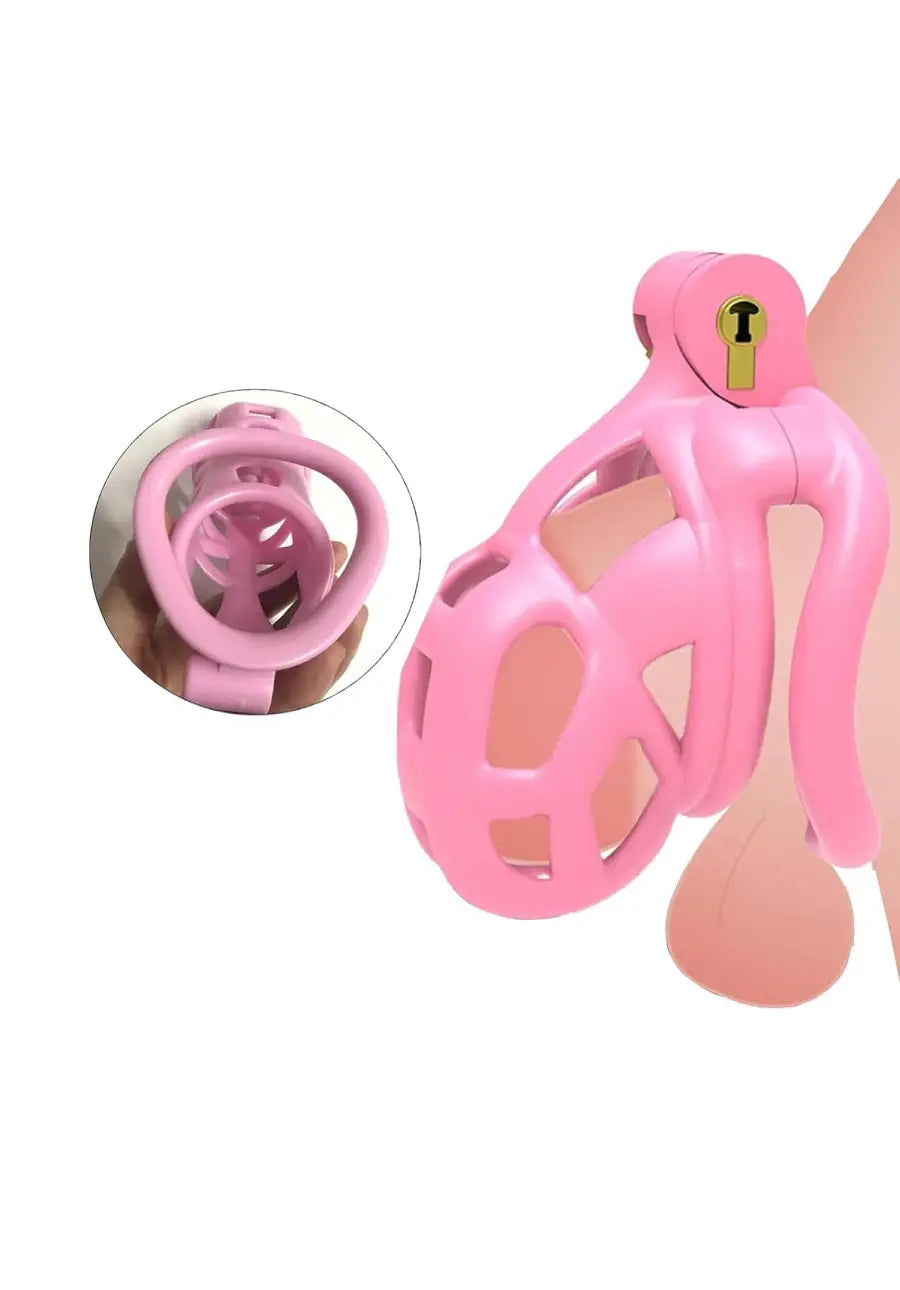 Pink Cobra chastity cage shown in use with secure lock and smooth design