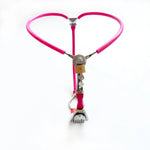 Pink female chastity belt with stainless steel front plate, adjustable straps, and secure lock with keys