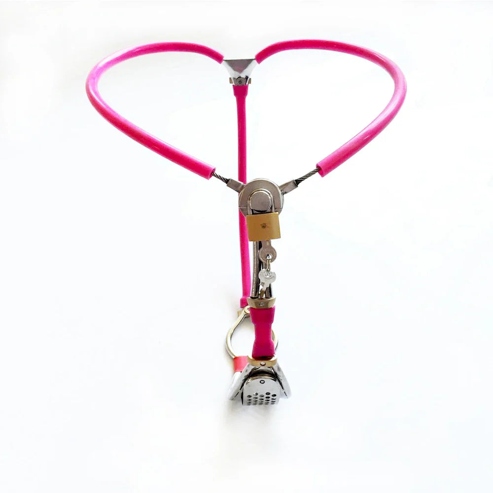 Pink female chastity belt with stainless steel front plate, adjustable straps, and secure lock with keys