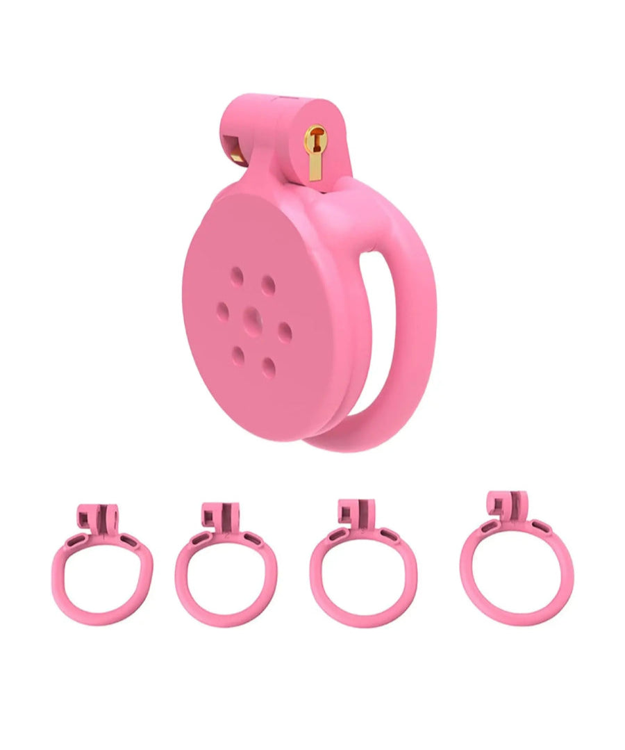 Pink flat chastity cage with multiple ring options and secure lock