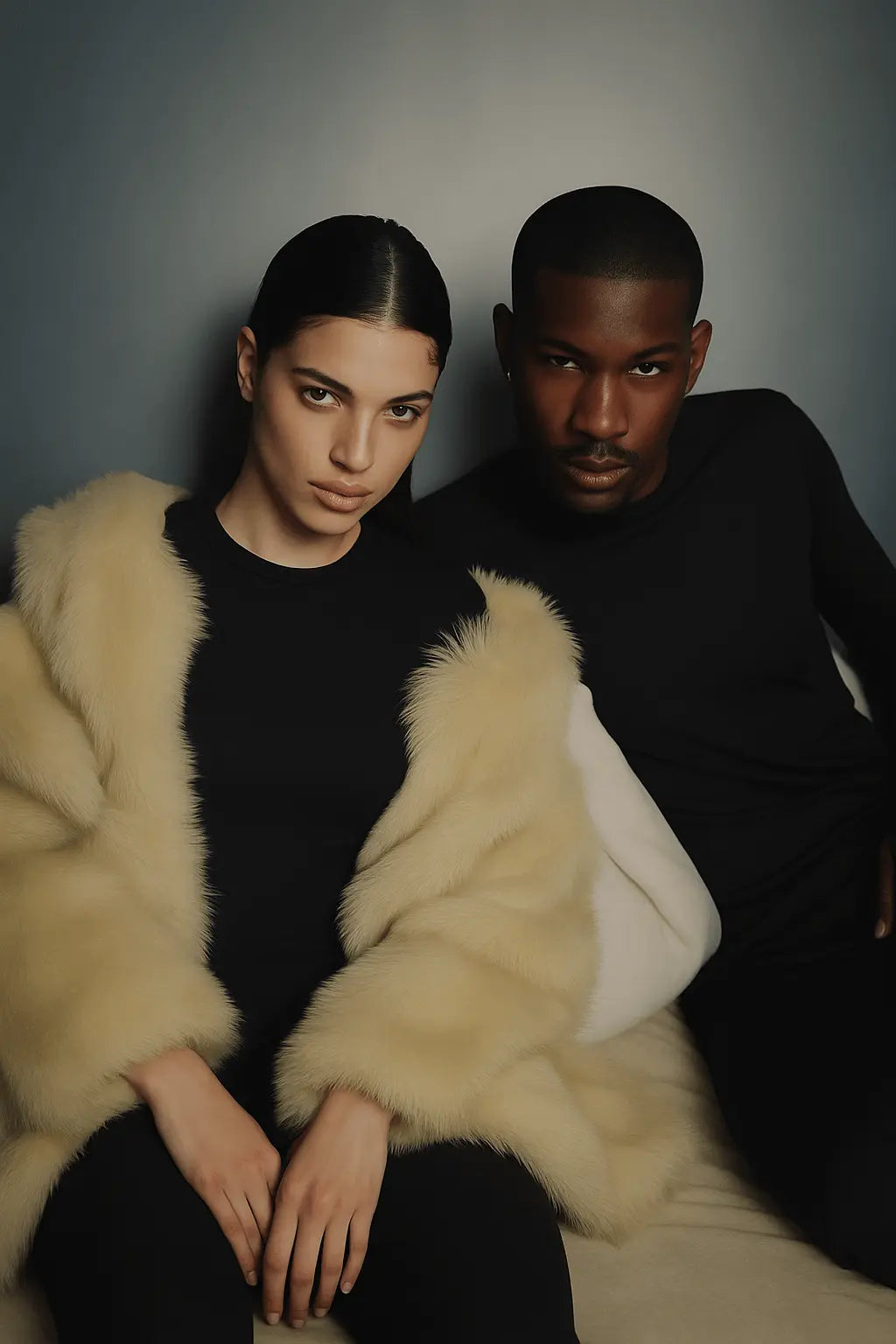 Two people sitting close together on a plain background