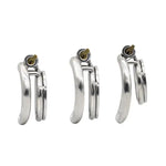 Pair of silver hoop flat chastity cage on a white background