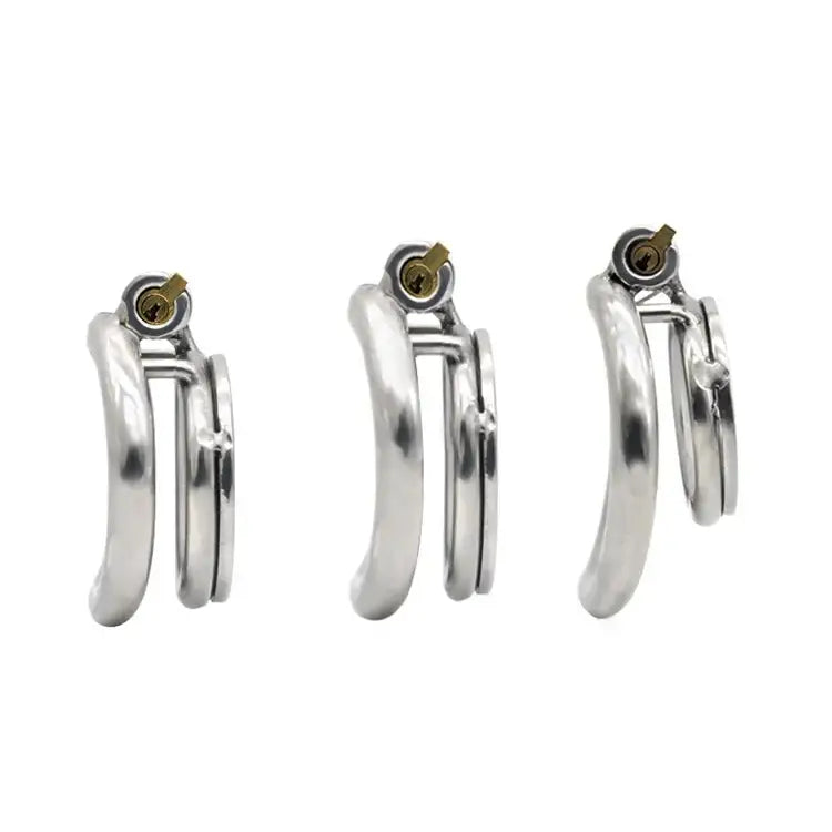 Pair of silver hoop flat chastity cage on a white background